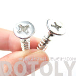 Fake Gauge Earrings: Realistic Screw Shaped Faux Plug Stud Earrings in Shiny Silver | DOTOLY