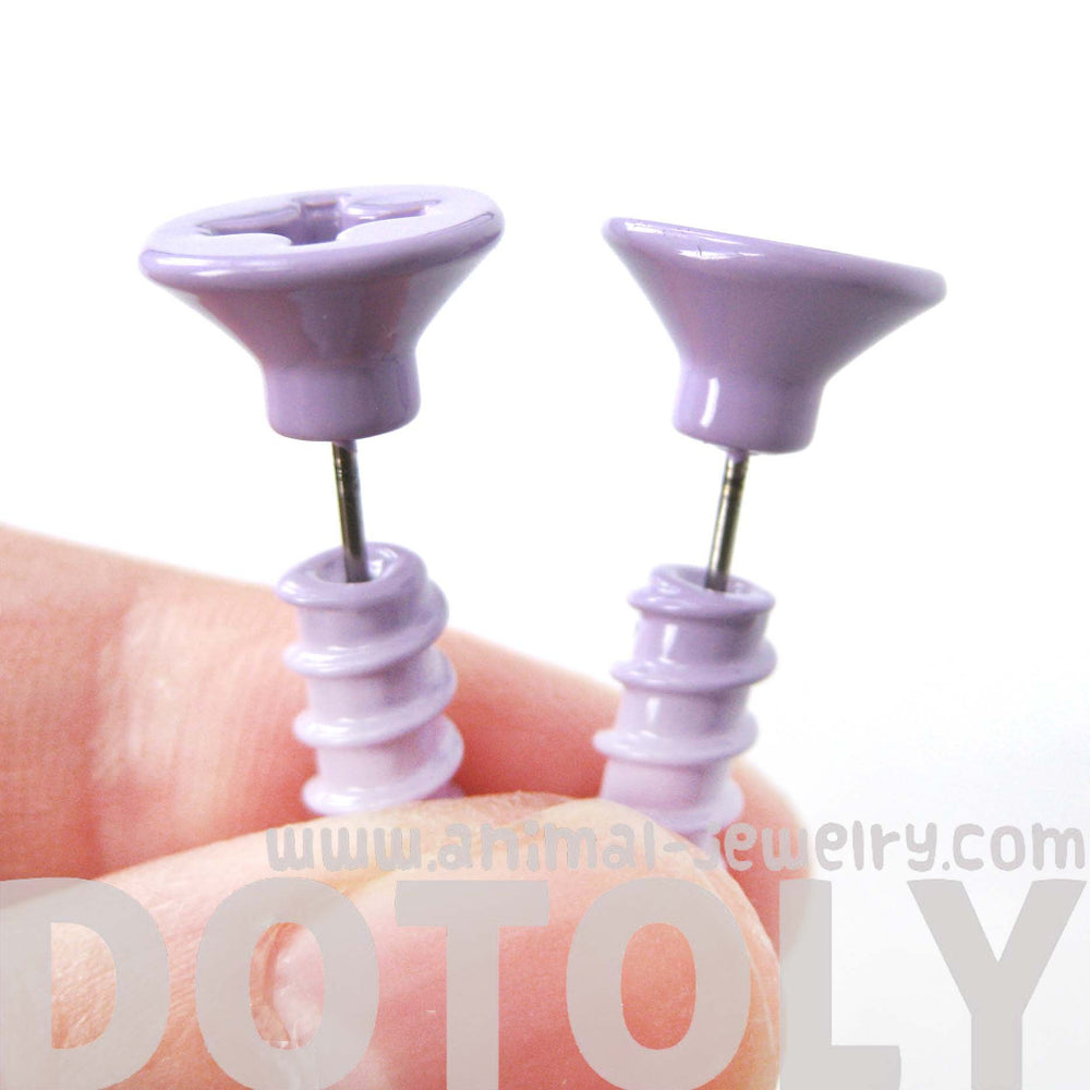 Fake Gauge Earrings: Realistic Screw Shaped Faux Plug Stud Earrings in Pale Purple | DOTOLY