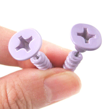 Fake Gauge Earrings: Realistic Screw Shaped Faux Plug Stud Earrings in Pale Purple | DOTOLY