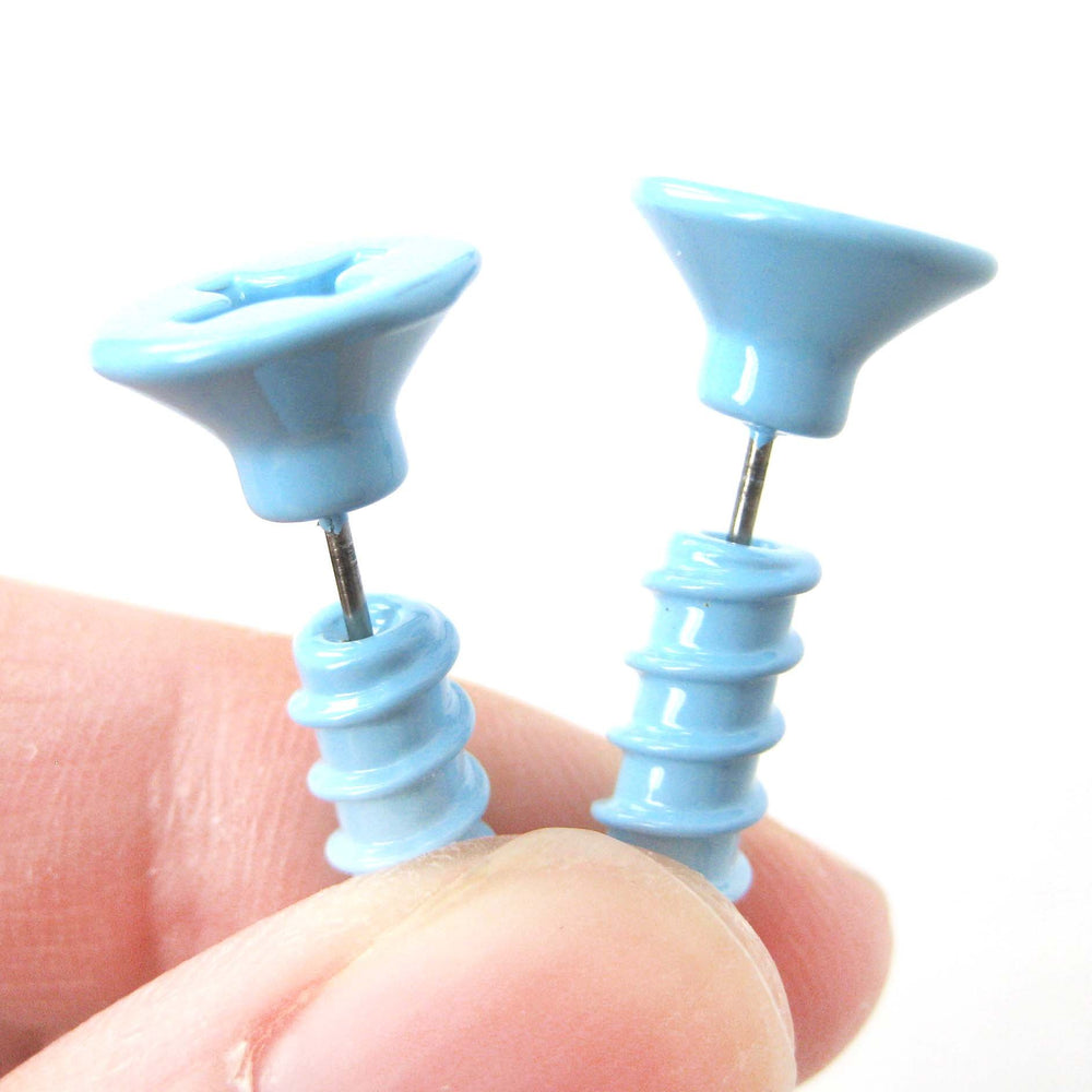 Fake Gauge Earrings: Realistic Screw Shaped Faux Plug Stud Earrings in Light Blue | DOTOLY