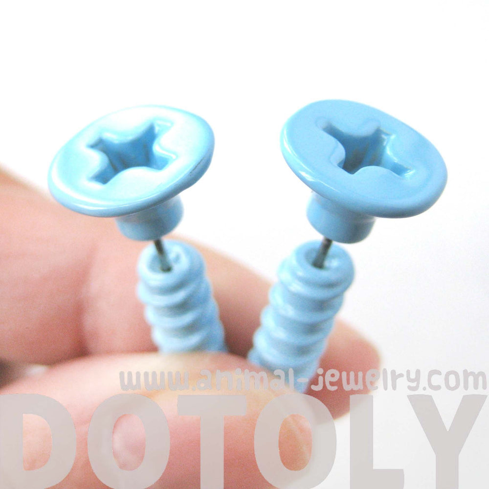 Fake Gauge Earrings: Realistic Screw Shaped Faux Plug Stud Earrings in Light Blue | DOTOLY