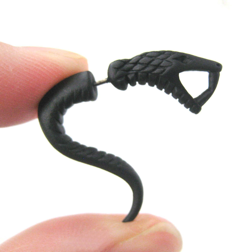 Fake Gauge Earrings: Realistic Snake Cobra Animal Shaped Stud Plug Earrings in Black | DOTOLY