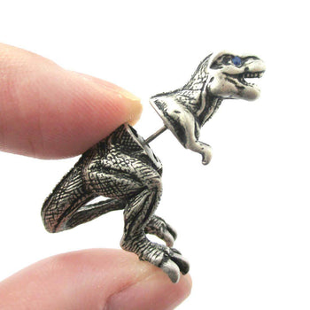 Fake Gauge Earrings: Realistic Tyrannosaurus T-Rex Animal Shaped Faux Plug Stud Earrings in Silver | DOTOLY