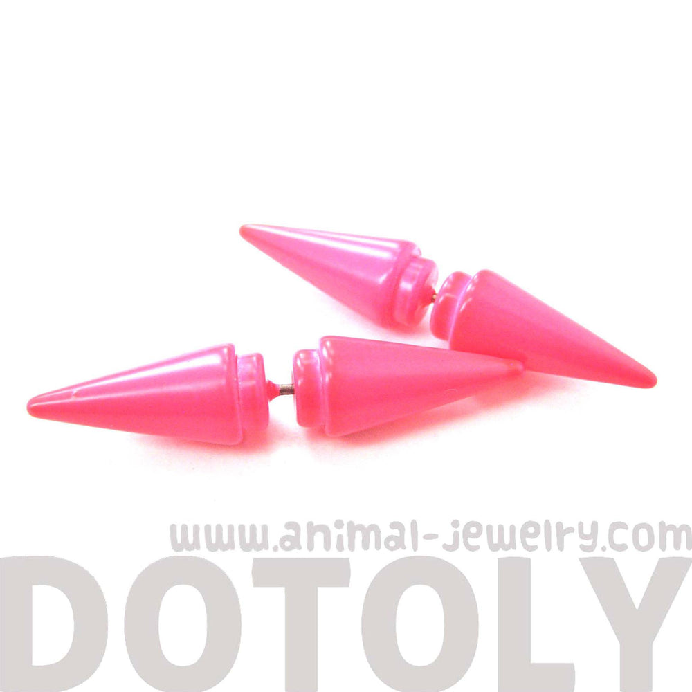 Fake Gauge Earrings: Rocker Chic Geometric Spike Faux Plug Stud Earrings in Neon Pink | DOTOLY