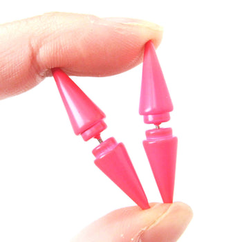 Fake Gauge Earrings: Rocker Chic Geometric Spike Faux Plug Stud Earrings in Neon Pink | DOTOLY