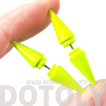 Fake Gauge Earrings: Rocker Chic Geometric Spike Faux Plug Stud Earrings in Neon Yellow | DOTOLY