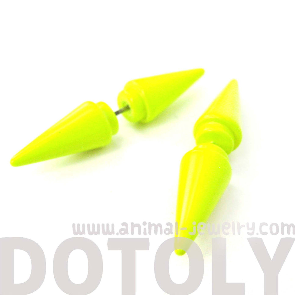 Fake Gauge Earrings: Rocker Chic Geometric Spike Faux Plug Stud Earrings in Neon Yellow | DOTOLY