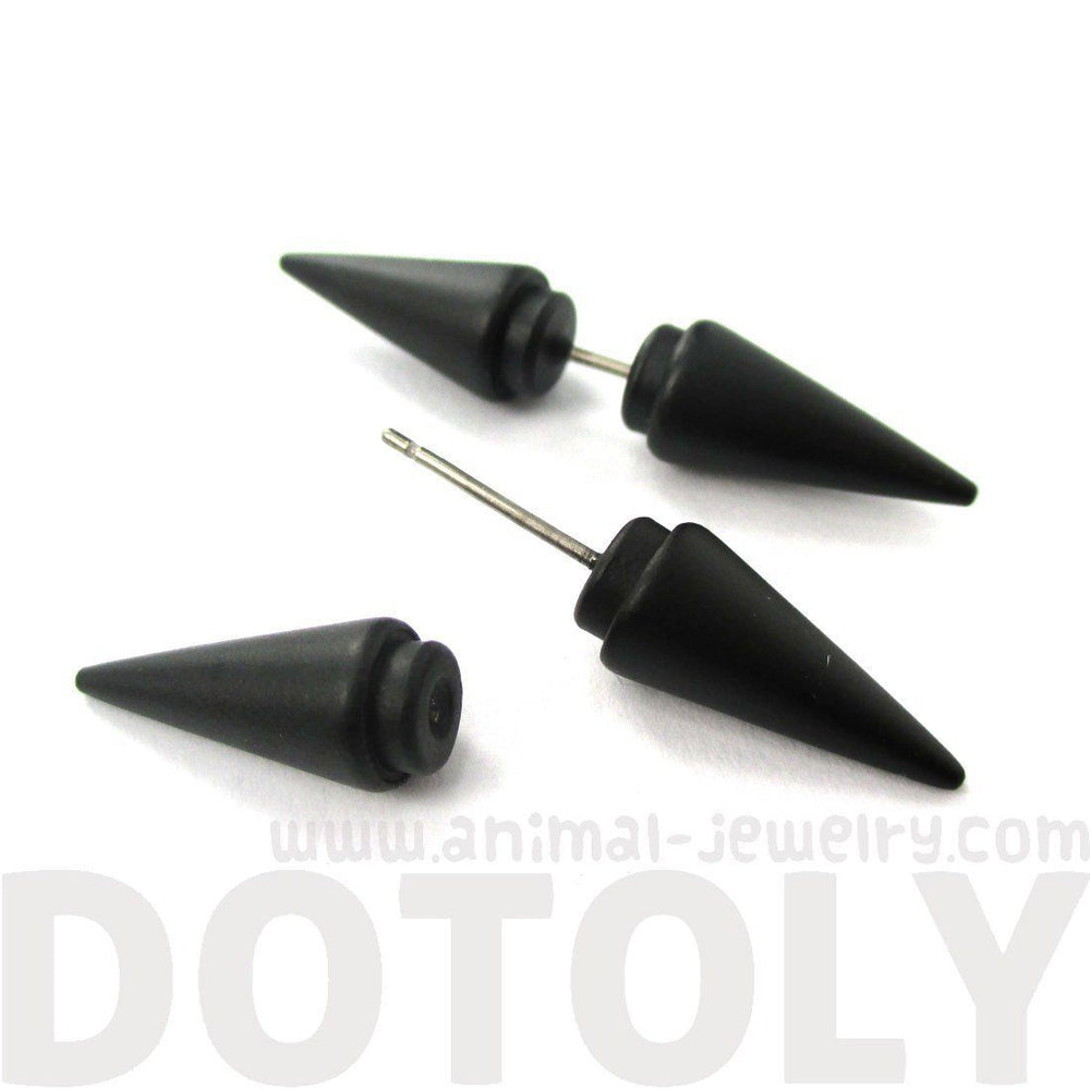 Fake Gauge Earrings: Rocker Chic Geometric Spike Shaped Front and Back Stud Earrings in Black | DOTOLY