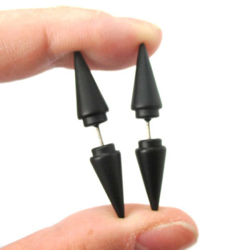 Fake Gauge Earrings: Rocker Chic Geometric Spike Shaped Front and Back Stud Earrings in Black | DOTOLY