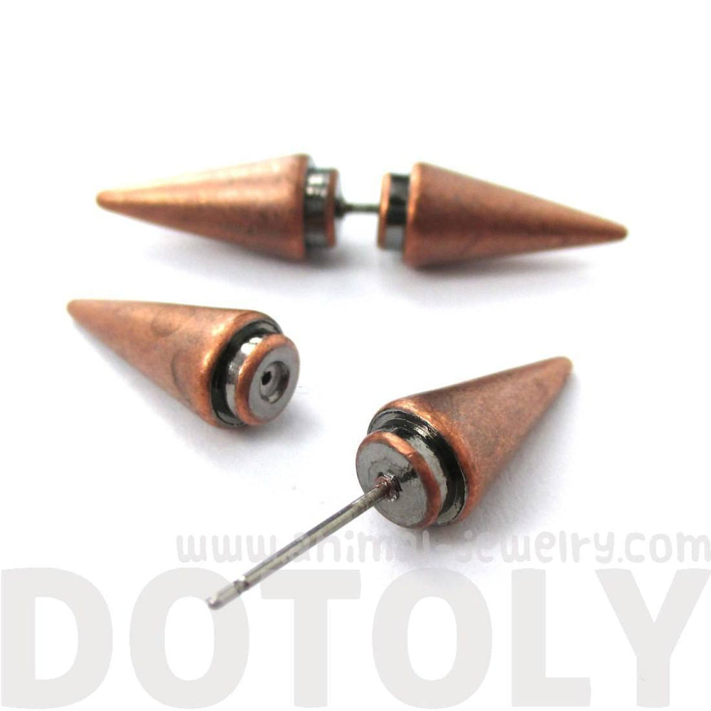 Fake Gauge Earrings: Rocker Chic Geometric Spike Shaped Front and Back Stud Earrings in Copper | DOTOLY