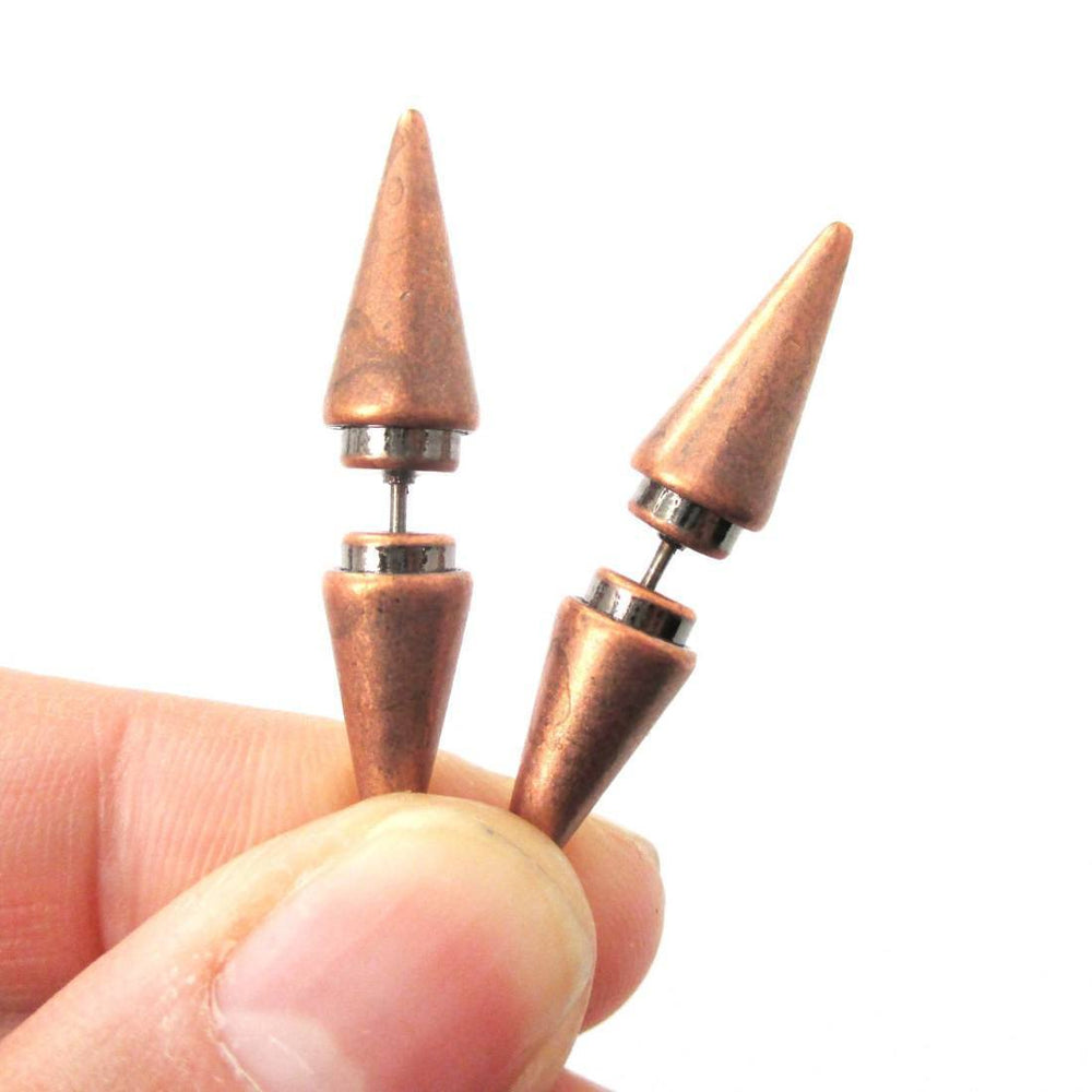 Fake Gauge Earrings: Rocker Chic Geometric Spike Shaped Front and Back Stud Earrings in Copper | DOTOLY