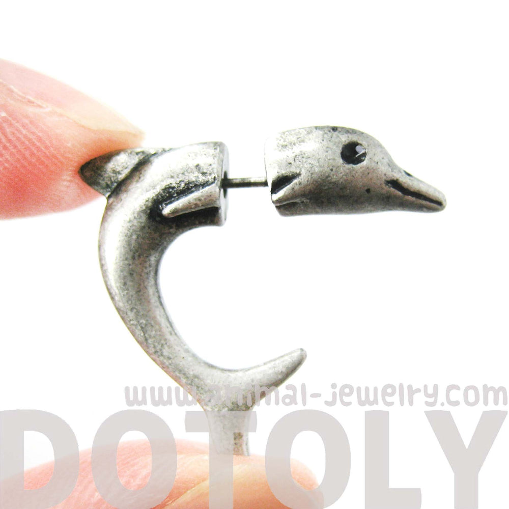 Fake Gauge Earrings: Small Dolphin Sea Animal Shaped Plug Stud Earrings in Silver | DOTOLY