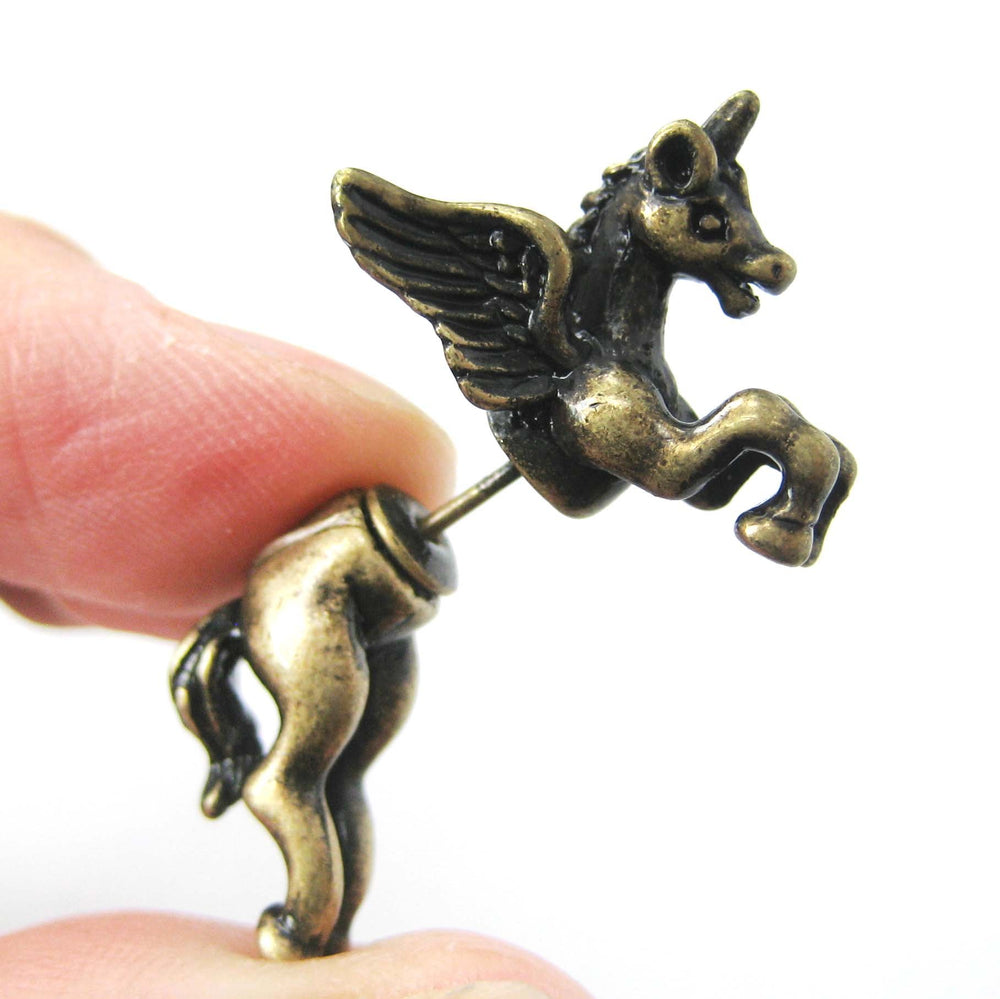 Fake Gauge Earrings: Unicorn Horse Animal Faux Plug Stud Earrings in Brass | DOTOLY