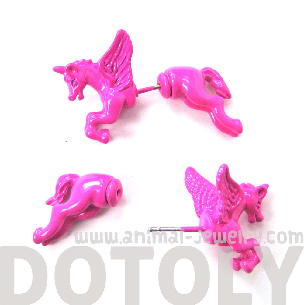 Fake Gauge Earrings: Unicorn Horse Animal Faux Plug Stud Earrings in Bright Pink | DOTOLY