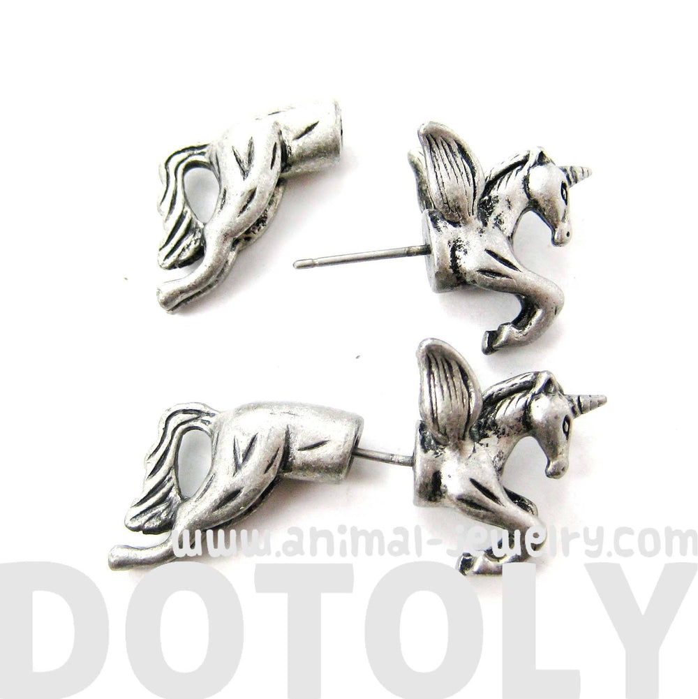 Fake Gauge Earrings: Unicorn With Wings Animal Faux Plug Stud Earrings in Silver | DOTOLY