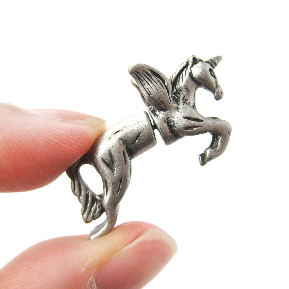 Fake Gauge Earrings: Unicorn With Wings Animal Faux Plug Stud Earrings in Silver | DOTOLY