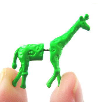 Fake Gauge Earrings: Unique Giraffe Shaped Animal Faux Plug Stud Earrings in Green | DOTOLY
