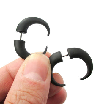 Fake Gauge Earrings: Unisex Spike Hook Shaped Front and Back Stud Earrings in Black | DOTOLY