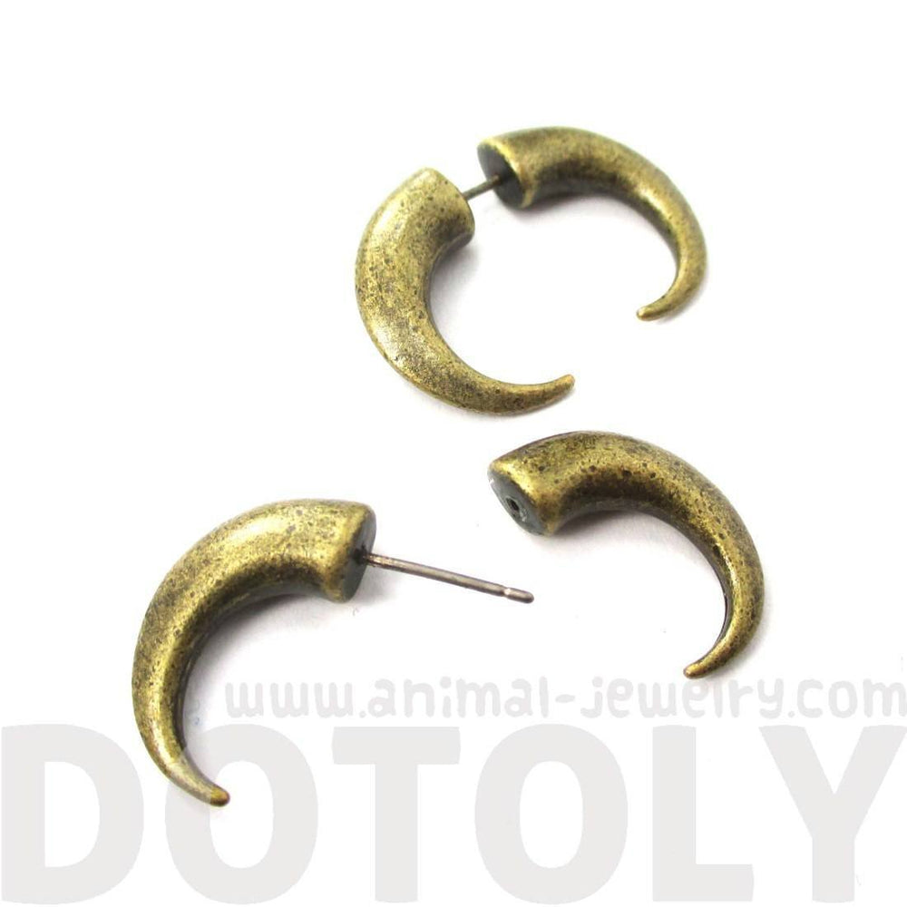 Fake Gauge Earrings: Unisex Spike Hook Shaped Front and Back Stud Earrings in Brass | DOTOLY