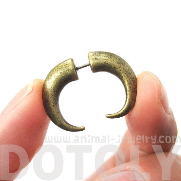 Fake Gauge Earrings: Unisex Spike Hook Shaped Front and Back Stud Earrings in Brass
