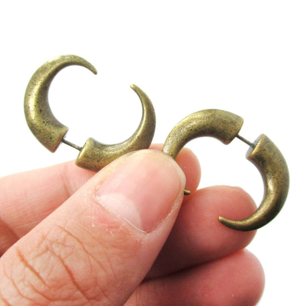 fake fish hook gauges Fake Gauge Earrings: Unisex Spike Hook Shaped Front and Back Stud Earrings in Brass