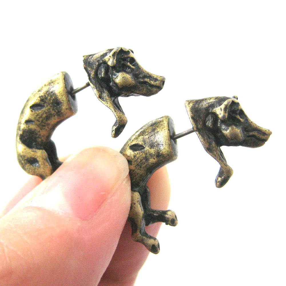 Fake Gauge Earrings: Wild Boar Pig Animal Shaped Plug Earrings in Brass | DOTOLY