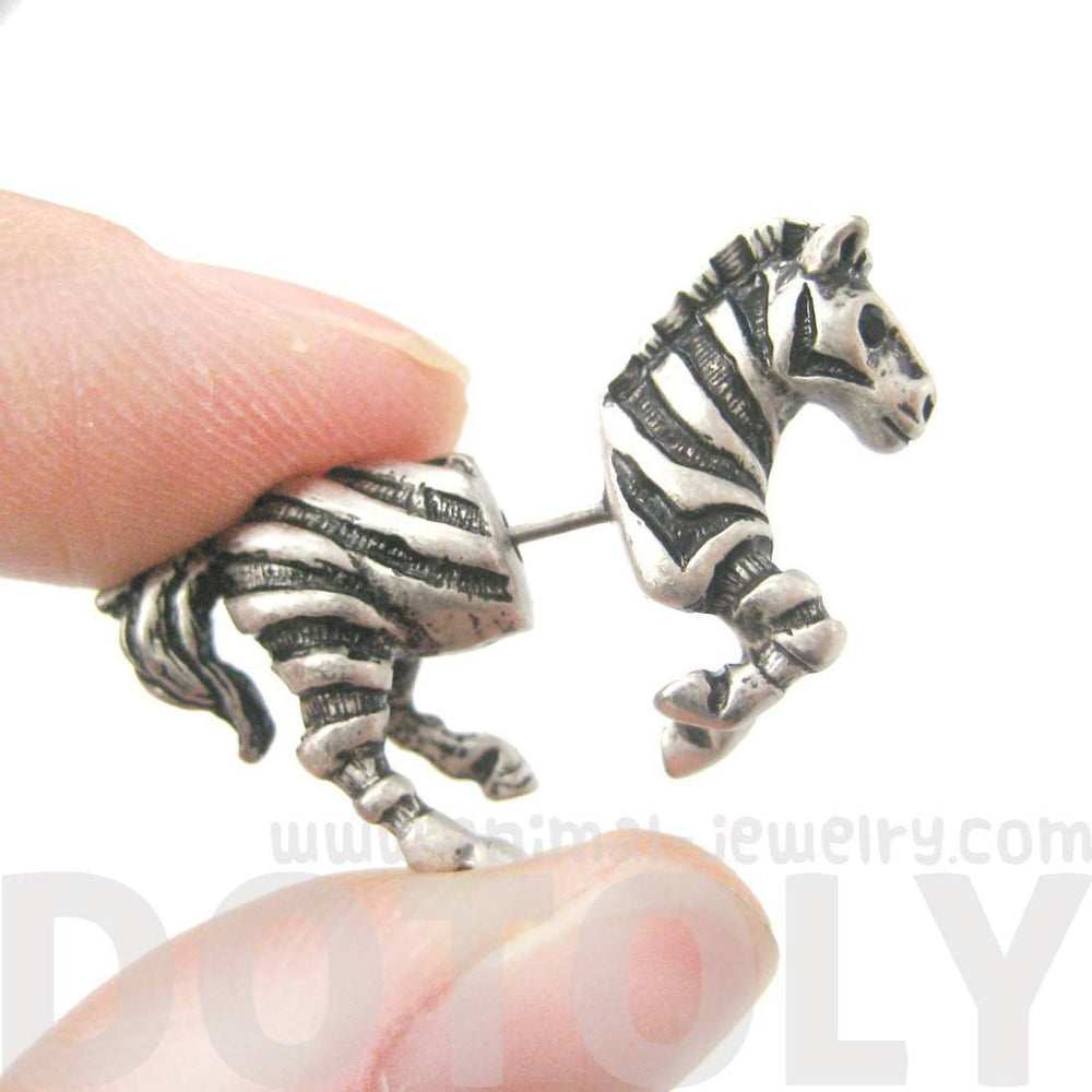 Fake Gauge Earrings: Zebra Horse Animal Shaped Stud Plug Earrings in Silver | DOTOLY