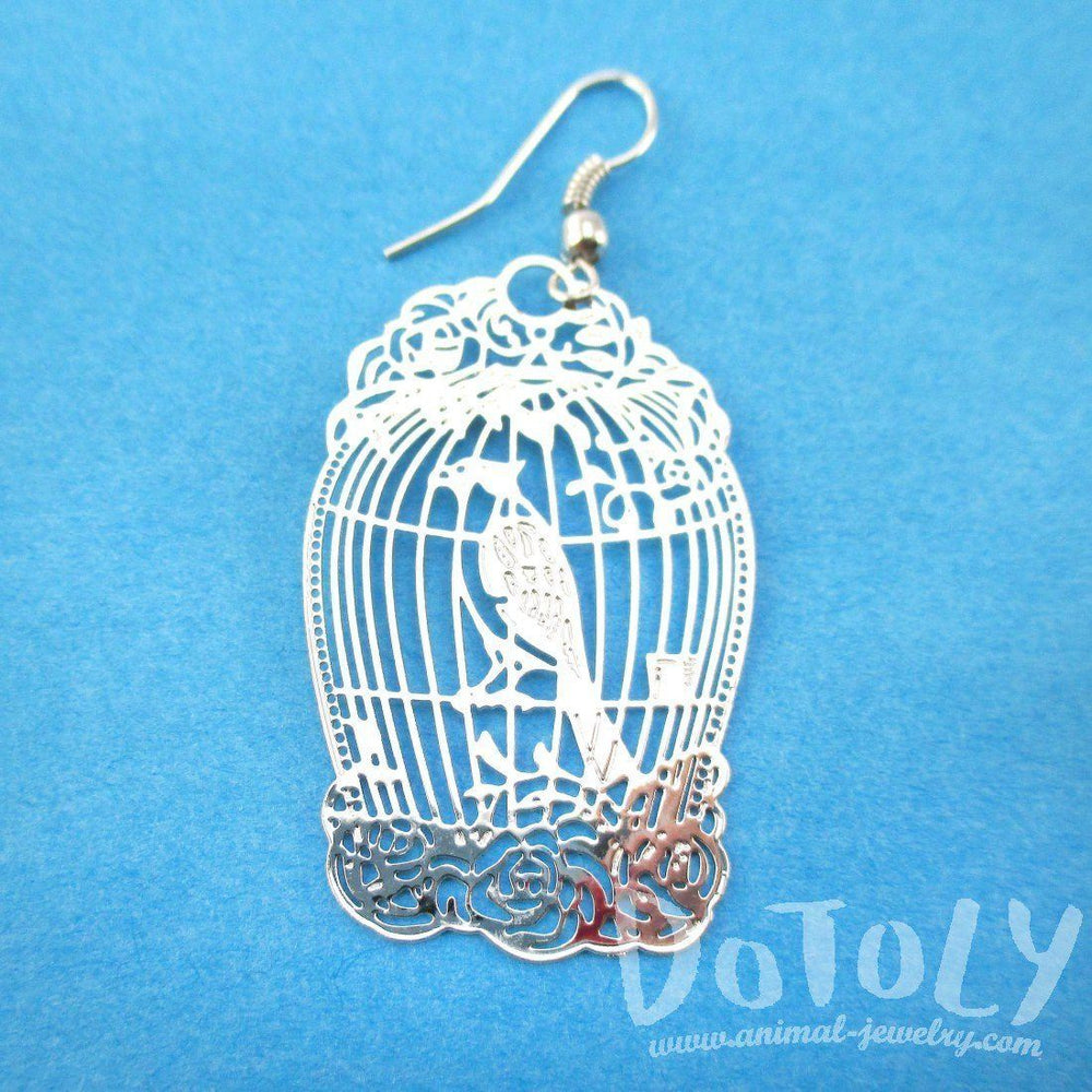 Fancy Birdcage Filigree Shaped Cut Out Dangle Earrings in Silver | Animal Jewelry | DOTOLY