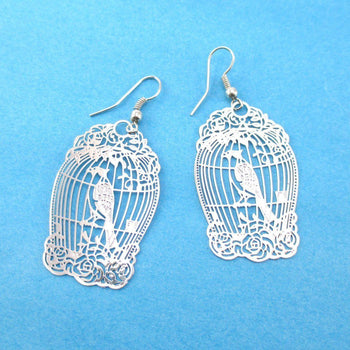 Fancy Birdcage Filigree Shaped Cut Out Dangle Earrings in Silver | Animal Jewelry | DOTOLY