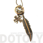 Feather Four Leaf Clover and Diamond Ring Shaped Charm Necklace in Brass | DOTOLY | DOTOLY