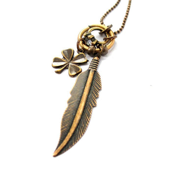 Feather Four Leaf Clover and Diamond Ring Shaped Charm Necklace in Brass | DOTOLY | DOTOLY