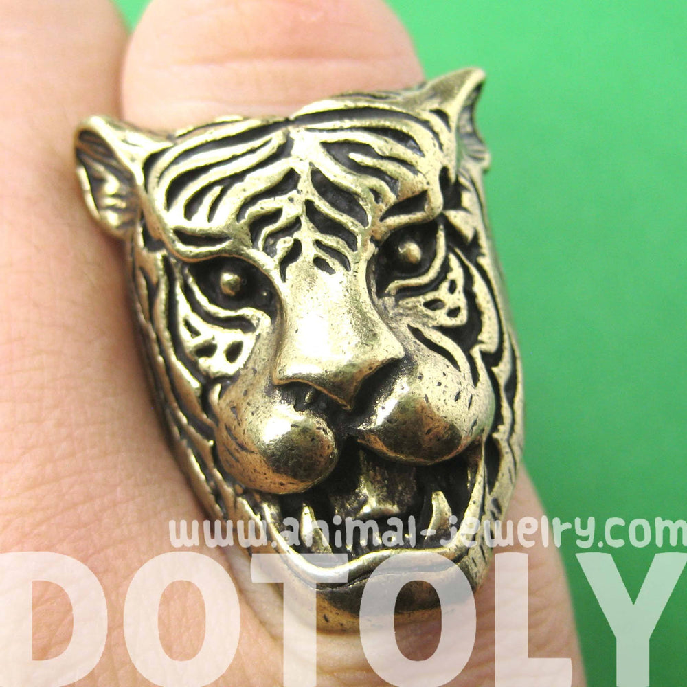 Fierce Tiger Lion Shaped Animal Ring in Brass with Animal Print Details | DOTOLY | DOTOLY