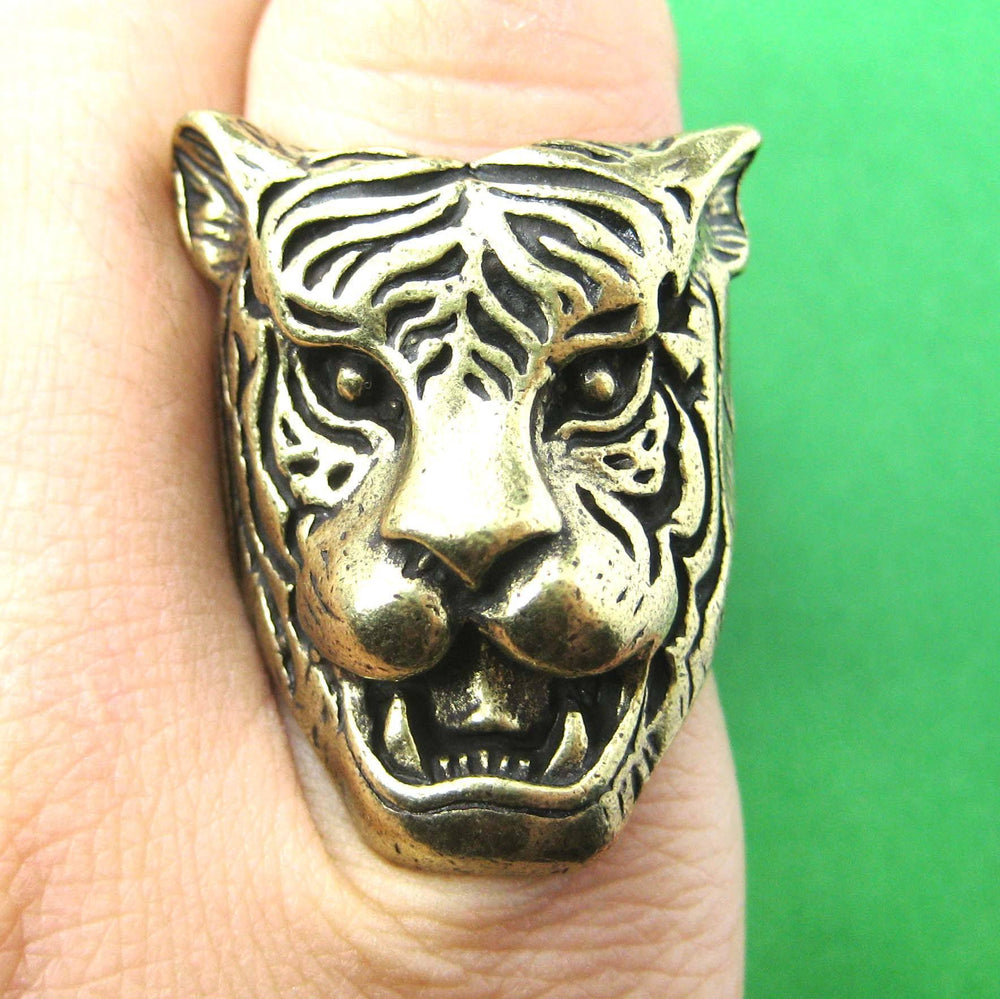 Fierce Tiger Lion Shaped Animal Ring in Brass with Animal Print Details | DOTOLY | DOTOLY