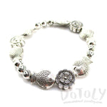 Fishes and Flowers Shaped Beaded Charm Stretchy Bracelet in Silver | DOTOLY | DOTOLY