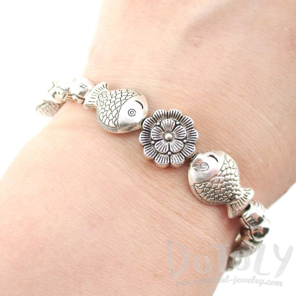 Fishes and Flowers Shaped Beaded Charm Stretchy Bracelet in Silver | DOTOLY | DOTOLY