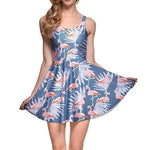 Flamingo and Palm Leaves All Over Print Sleeveless Skater Dress in Blue | DOTOLY