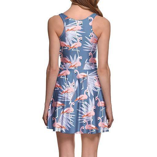 Flamingo and Palm Leaves All Over Print Sleeveless Skater Dress in Blue | DOTOLY