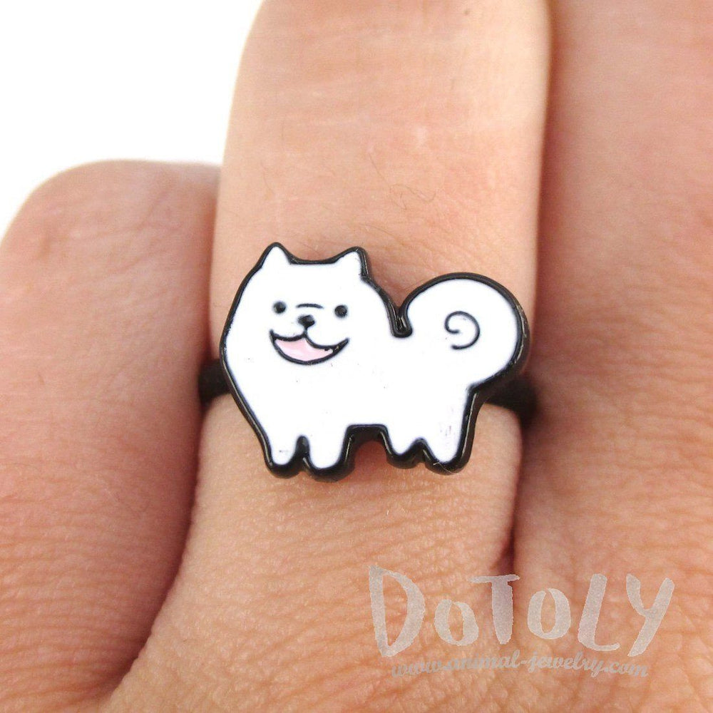 Fluffy White Samoyed Shaped Enamel Adjustable Ring for Dog Lovers