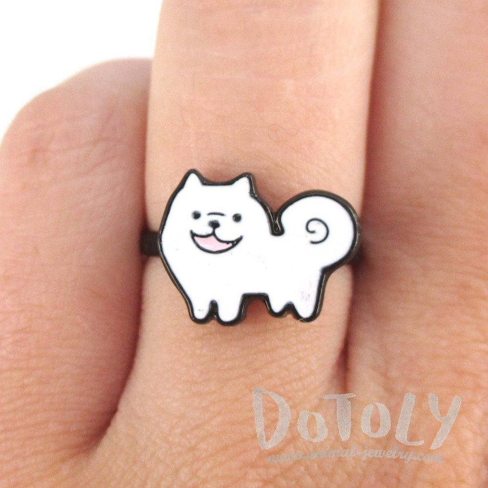 Fluffy White Samoyed Shaped Enamel Adjustable Ring for Dog Lovers