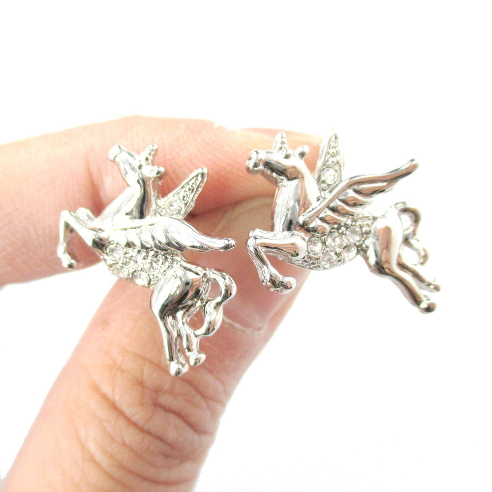 Flying Pegasus Unicorn Shaped Stud Earrings in Silver with Rhinestones | Animal Jewelry | DOTOLY