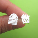 Food Themed Burger and French Fries Shaped Sterling Silver Stud Earrings