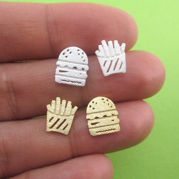 Food Themed Burger and French Fries Shaped Sterling Silver Stud Earrings