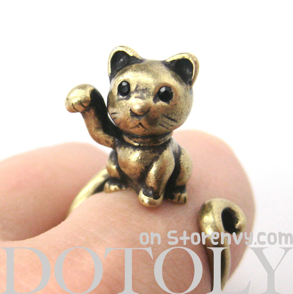 Fortune Kitty Cat Animal Wrap Around Ring in Brass - Sizes 4 to 9 Available | DOTOLY