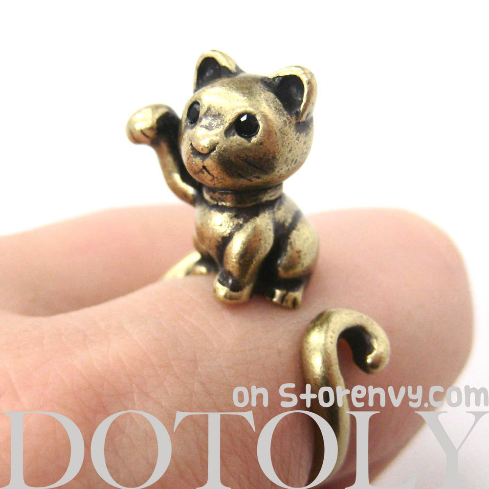 Fortune Kitty Cat Animal Wrap Around Ring in Brass - Sizes 4 to 9 Available | DOTOLY