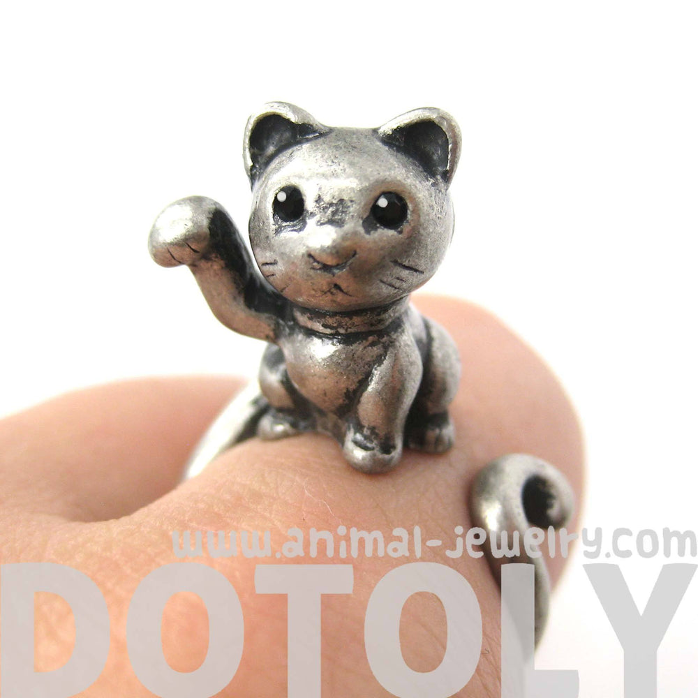 Fortune Kitty Cat Animal Wrap Around Ring in Silver - Sizes 4 to 9 Available | DOTOLY