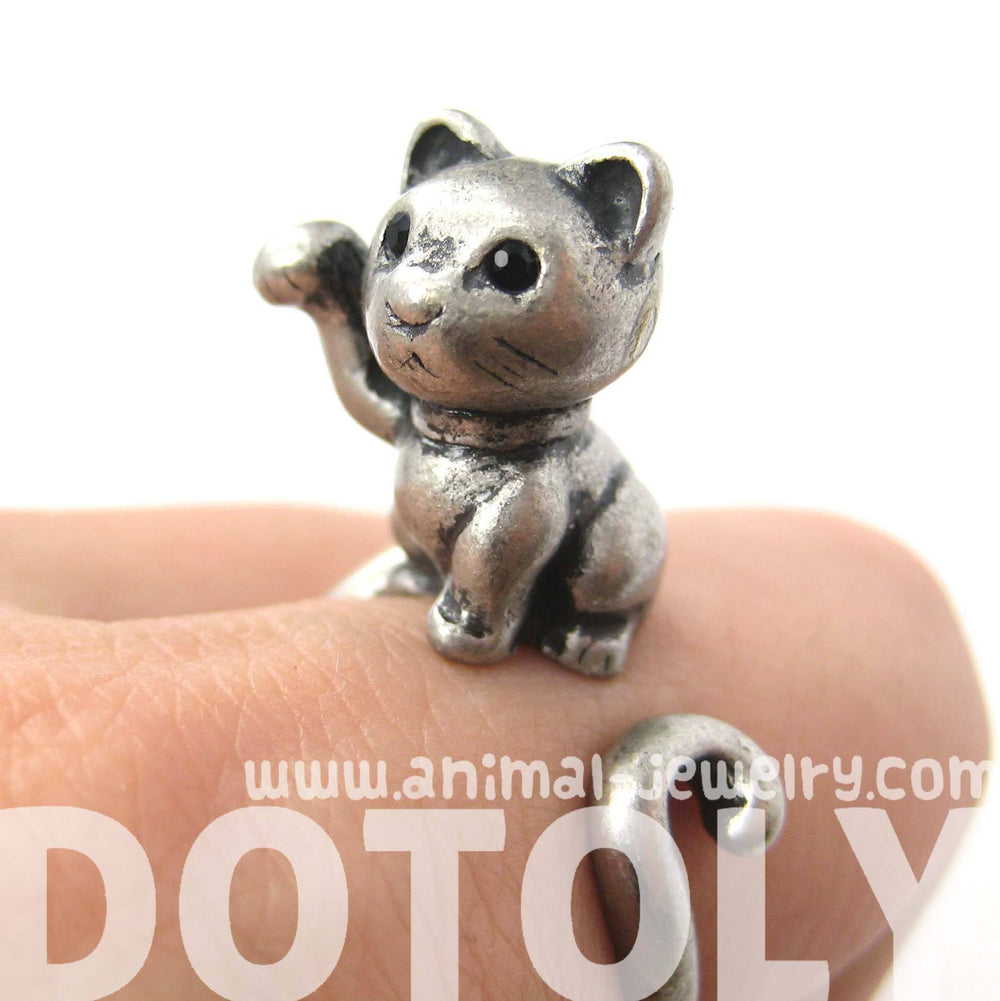 Fortune Kitty Cat Animal Wrap Around Ring in Silver - Sizes 4 to 9 Available | DOTOLY