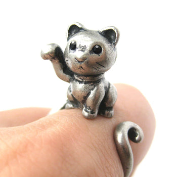 Fortune Kitty Cat Animal Wrap Around Ring in Silver - Sizes 4 to 9 Available | DOTOLY