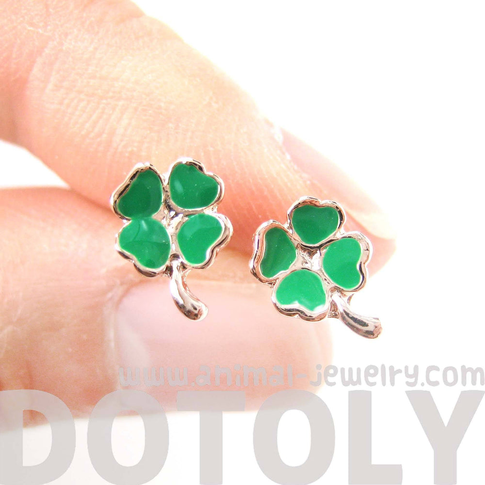 thumbnail image 2 of Green Enamel Four-Leaf Clover Stud Earrings – Silver Plated Lucky Charm Jewelry 2 of 4