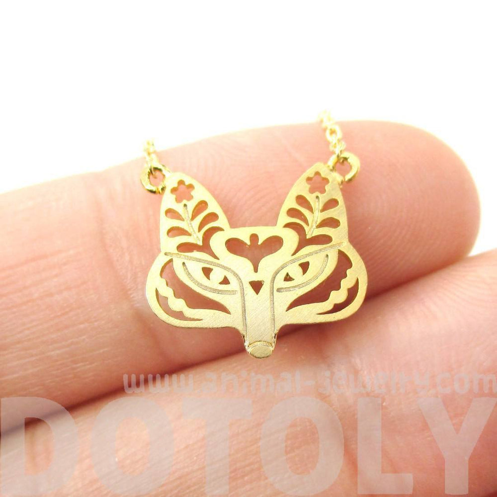 Fox Face Shaped Tribal Floral Cut Out Charm Necklace in Gold | Animal Jewelry | DOTOLY