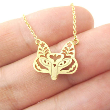 Fox Face Shaped Tribal Floral Cut Out Charm Necklace in Gold | Animal Jewelry | DOTOLY